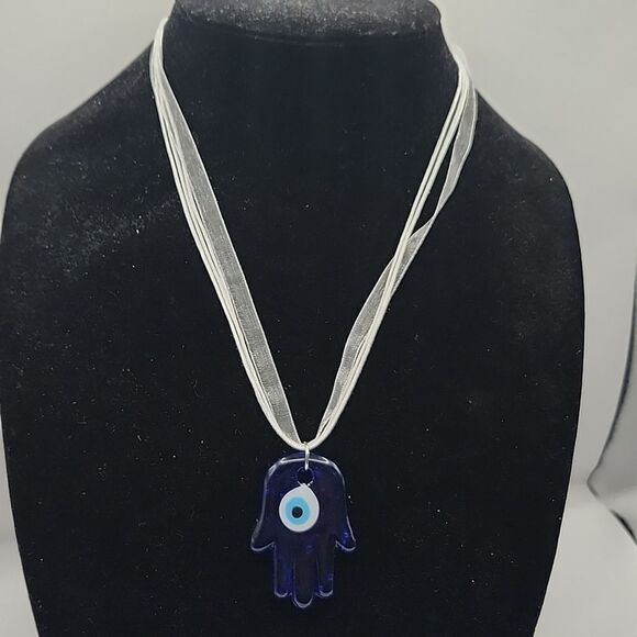 Handmade Custom Midnight Guardian hamsa evil eye white ribbon necklace - Picture 4 of 6
